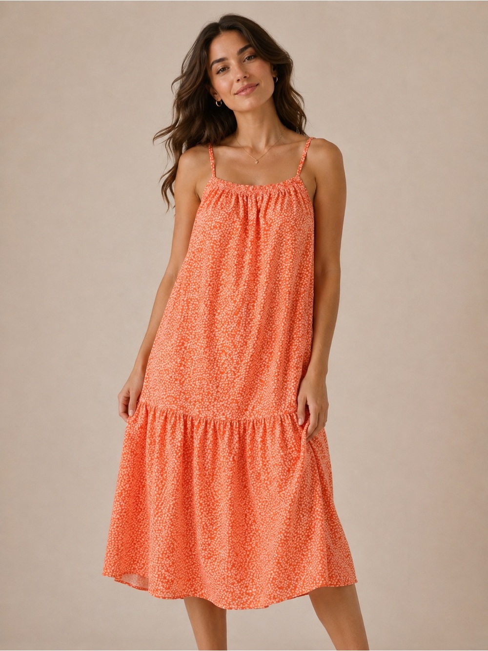 Women’s Size M Orange Floral Midi Maxi Dress Spaghetti Strap Tiered Sundress